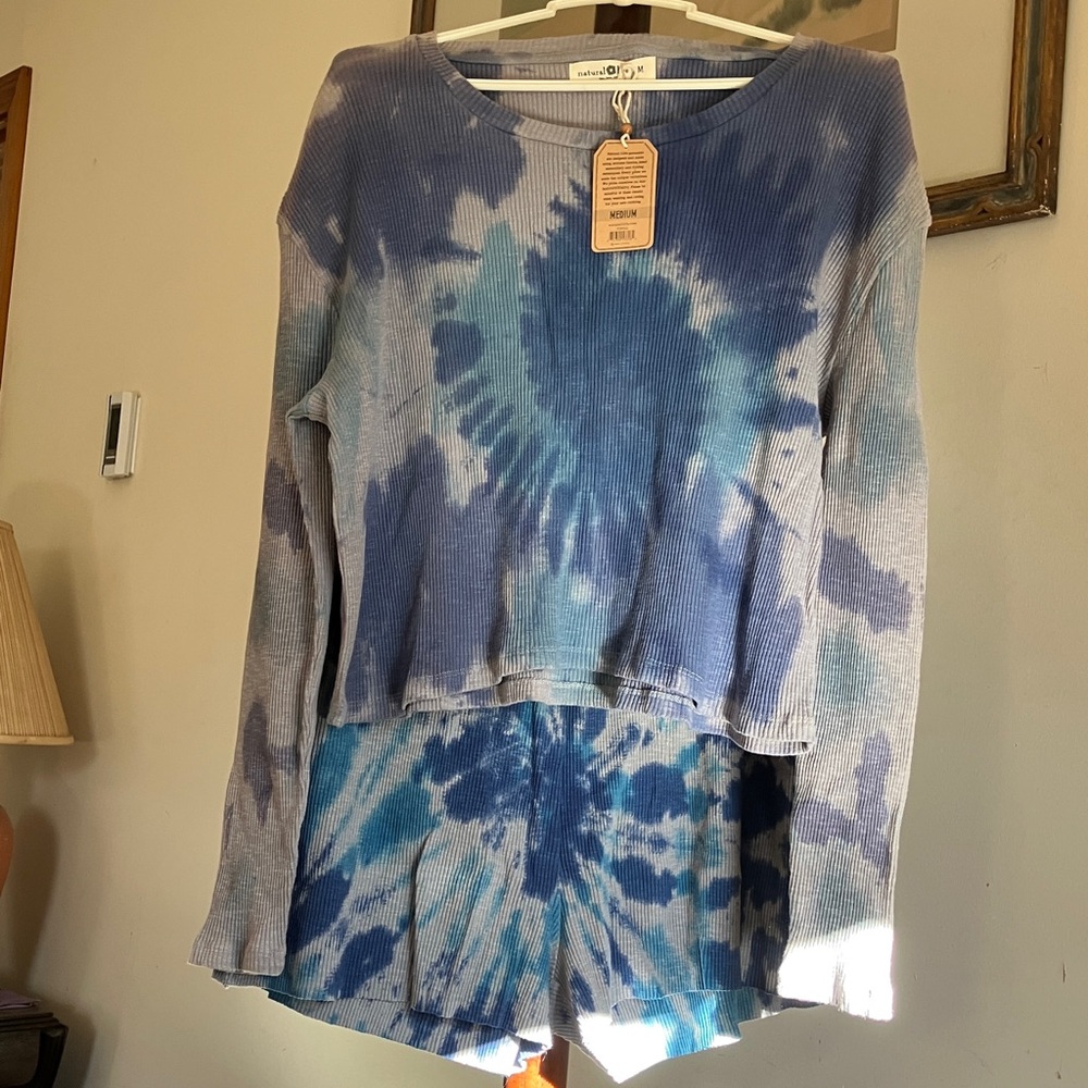 Blue Tie-Dye Long Sleeve Top and Shorts Set